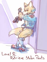 anthro ass bottomless canid canine casual clothed clothing digital_media_(artwork) firearm foreskin fox fox_mccloud genitals gun handgun humanoid_genitalia humanoid_penis lavilovi male mammal muscular nintendo nipples outerwear penis ranged_weapon solo star_fox topwear weapon