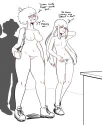 2girls artist_self-insert bag breasts casual casual_nudity eyewear female footwear holly_(purringjello) human long_hair mostly_nude multiple_girls naked_footwear naked_sneakers navel nude nude_female nudist pale_skin pubic_hair public purringjello pussy red_hair short_hair sneakers starbucks vagina waiting waiting_in_line