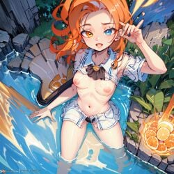 1girls ai_generated colorful_hair heterochromia league_of_legends midriff nipples open_mouth orange orange_hair panties pond skirt small_breasts stable_diffusion uwu zoe_(league_of_legends)