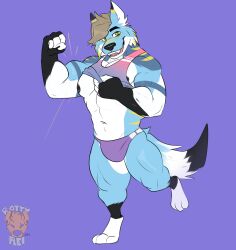 anthro blonde_hair blue_body blue_fur briefs bulge canid canine canis cerulean clothed clothing flexing fur hair hi_res ill-fitting_clothes male mammal muscular nipples purple_background raised_clothing rattykai simple_background smile solo underwear white_body white_fur wolf