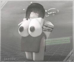 1girls 3d baseplate big_ass black_hair black_nipples blush breasts clothed dominant_female emo exposed_breasts female female_focus female_only heart huge_breasts mask no_eyes request roblox roblox_avatar robloxian self_upload skyrbx steaming_body steamy_breath white_body white_skin