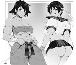 2girls abs absurd_res ass bottomless bottomless_skirt breasts capcom cleavage commission female female_only from_behind front_view frowning frowning_at_viewer greyscale hi_res looking_at_viewer makoto_(street_fighter) medium_breasts microskirt monochrome muscles muscular_female sakura_kasugano signature skirt smiling smiling_at_viewer speedl00ver street_fighter street_fighter_iii street_fighter_iii:_3rd_strike street_fighter_iii_(series) street_fighter_iv street_fighter_iv_(series) tomboy underboob very_short_hair