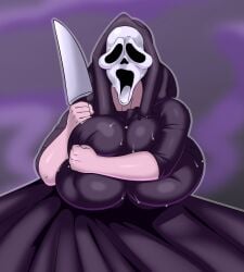 1girls big_breasts creamygravy dress female female_ghostface female_only ghostface ghostface_(cosplay) ghostface_(scream) hood huge_breasts knife large_breasts light-skinned_female light_skin looking_at_viewer mask scream_(franchise) solo solo_female solo_focus sweat sweatdrop sweating