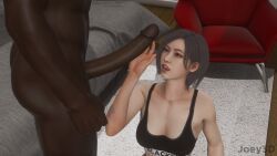 1boy 1girls 3d 3d_(artwork) ada_wong ada_wong_(adriana) asian asian_female black_hair blacked blacked_clothing breast_grab breasts brown_eyes dark-skinned_male dark_skin interracial joey3d_(artist) partial_male resident_evil resident_evil_4 resident_evil_4_remake touching_penis