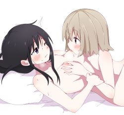 2girls absurdres black_hair blue_eyes blush breast_sucking breasts brown_eyes brown_hair commentary_request female female_only hanamura_koharu highres mesushio multiple_girls one_eye_closed parted_lips pillow shirotsuki_mafuyu short_hair tsurezure_biyori yuri