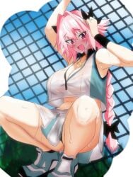 1girls against_fence astolfo_(fate) azur_lane big_breasts blush body_swap breasts bremerton_(azur_lane) bremerton_(scorching-hot_training)_(azur_lane) dojang fate/grand_order fate_(series) female pink_hair rule_63 solo squatting thick_thighs thighs