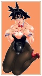 1boy 1femboy ambush_(trap) bare_shoulders big_breasts bimbo_femboy black_eyes black_hair blush bow bowtie bracelet bulge bunny_costume bunny_ears bunny_tail bunnysuit bunnysuit_bulge cleavage crossdressing detached_collar dragon_ball dragon_ball_z ear_piercing earrings erect_nipple erect_nipples eyeshadow fake_animal_ears fake_tails femboy femboy_dilf feminine_male front_view girly high_heels holding_object hoop_earrings hoop_earrings_oversized humanoid leotard lipstick long_fingernails long_nails looking_at_viewer makeup male male_only male_with_breasts naill_polish pantyhose piercing pose posing red_lipstick red_nail_polish red_nails ring shiny shiny_skin short_hair simple_background solo son_goku spiky_hair suiren_ciao thick_boy thick_femboy thick_thighs trap vein veins veiny veiny_penis very_long_fingernails wrist_cuffs