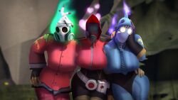 2023 3d 3d_(artwork) 3girls belt big_breasts blue_clothing bodysuit breasts busty clothed clothed_female female female_focus female_only fempyro fully_clothed gas_mask ghost hand_on_head hand_on_shoulder hi_res highres hips holding_hips hourglass_figure huge_breasts large_breasts latex latex_bodysuit latex_gloves latex_suit pushing_breasts_together pyro pyro_(team_fortress_2) rule_63 slim_waist standing team_fortress_2 valve voluptuous wide_hips winter_clothes winter_hat zipper zorrovb