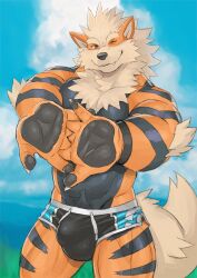 2023 5_fingers anthro arcanine black_body black_fur black_hair black_hair_bottom bulge clothing detailed_bulge domination fingers fur furry furry_only gay generation_1_pokemon hi_res light_hair_on_dark_hair looking_at_viewer male male_only muscular muscular_anthro muscular_male nintendo one_eye_closed orange_body orange_fur pokemon pokemon_(species) rossciaco sky smile solo striped_body striped_fur stripes swimwear white_hair white_hair_on_black_hair white_hair_top