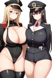 2girls ai_generated arms_behind_back blonde_hair brown_hair curvy_female female female_only hat huge_ass leotard long_hair looking_at_viewer military_clothing original_characters simple_background smiling stockings thick_thighs