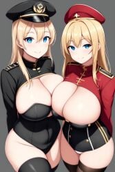 2girls ai_generated arms_behind_back blonde_hair curvy_female female female_only hat huge_ass leotard long_hair looking_at_viewer military_clothing original_characters simple_background smiling stockings thick_thighs