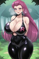 ai_generated arms_behind_back cleavage embarassed female female_only forest huge_breasts jessie_(pokemon) latex_suit long_hair pokemon purple_hair solo_female suggestive_clothing sweating thick_thighs voluptuous