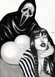 1boy 1girls 2023 black_fur bubble_butt crossover curvaceous curvy_body curvy_figure ed_benes_studio faceless_male female_focus ghostface highres huge_breasts scream_(franchise) the_addams_family voluptuous voluptuous_female wednesday_(netflix) wednesday_addams white_background