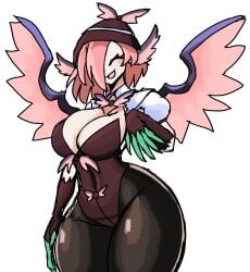 1girls big_breasts breasts claws closed_eyes fan_art green_claws happy mystia_lorelei pink_hair solo solo_female thick_thighs thighs touhou touhou_project white_background wings youkai ziffern