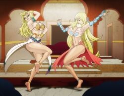 2girls belly_dancer belly_dancer_outfit blonde_hair cleavage crossover cynthia_(pokemon) dancer dancer_outfit dancing detached_sleeves female female_only femsub harem harem_girl harem_outfit huge_breasts kujaku_mai mai_valentine pokémon pokemon pokemon_dppt skirt submissive_female voluptuous wadevezecha yu-gi-oh!