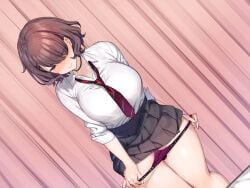 1girls angry before_sex big_breasts brown_hair embarrassed looking_at_viewer mankai_kaika mind_control necktie ochiai_momoka_(mankai_kaika) original purple_eyes short_hair taking_off_panties thick_thighs