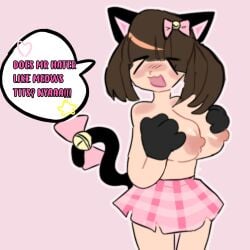 1girl artist_request black_tail brown_hair cat_ears commentary_community gloves large_breasts meowbahh meowbahh_(mcyt) minecraft pngtuber skirt virtual_youtuber