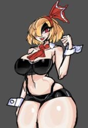 aged_up alternative_costume big_breasts blonde_female blonde_hair breasts cuffs evil_grin exposed_midriff fist large_breasts light-skinned_female looking_at_viewer midriff rumia sharp_teeth short_hair thong_above_shorts thong_straps touhou touhou_project youkai ziffern