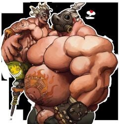 2boys bara gay junkrat male male_only mask muscular_male overwatch overweight penis_peek roadhog size_difference topless