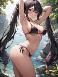 1girls ai_generated apel bikini black_hair blush breasts female genshin_impact green_eyes jordan53 large_breasts light-skinned_female light_skin long_hair mona_(genshin_impact) outdoors stable_diffusion thighs twintails