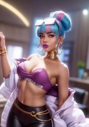 1girls ai_generated blue_hair dark-skinned_female dark_skin female hoop_earrings league_of_legends marannd medium_breasts multicolored_hair pink_hair qiyana_yunalai stable_diffusion true_damage_qiyana true_damage_series