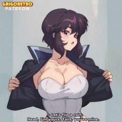 1girls 2d alternate_version_available anime_style artist_name caption dialogue english_dialogue english_text ghost_in_the_shell grigoretro jacket kusanagi_motoko looking_at_viewer presenting presenting_breasts retro_artstyle simple_background solo solo_female solo_focus talking_to_viewer