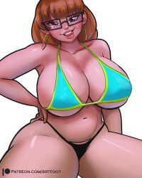 1girls alternate_breast_size artfoo_1 belly_button big_breasts big_thighs bra busty curvy curvy_figure earrings female female_only glasses hand_on_hip hanna-barbera huge_breasts human human_only looking_at_viewer midriff navel open_mouth panties scooby-doo signature simple_background solo solo_female text thick thick_thighs underwear velma_dinkley white_background