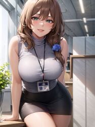 1girls ai_generated apel blush breasts brown_hair busty commission female genshin_impact green_eyes hi_res hips huge_breasts indoors jordan53 light-skinned_female light_skin lisa_(genshin_impact) long_hair naughty_face office_lady stable_diffusion thick_thighs thighs wide_hips