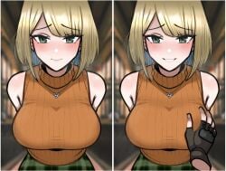 1boy 1girls ashley_graham ashley_graham_(ella_freya) blonde_hair breast_grab breasts fondling gloves green_eyes groping happy happy_female hi_res large_breasts leon_scott_kennedy light-skinned_female light_skin looking_at_viewer mugibunbun necklace orange_sweater resident_evil resident_evil_4 resident_evil_4_remake short_hair smile straight sweater