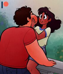 1boy 1girls 2022 aged_up bench bigger_male canon_couple caressing cartoon_network closed_eyes connie_maheswaran curly_hair fully_clothed hand_on_face imminent_kiss large_breasts long_hair looking_at_partner medium_breasts older pants patreon santan999 shirt short_hair shorts signature sitting steven_quartz_universe steven_universe