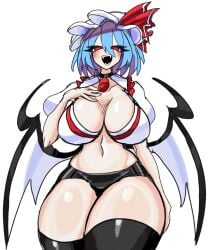 1girls aged_up bat_wings big_breasts blue_hair breasts exposed_midriff fan_art fangs female female_only hand_on_breast hat looking_at_viewer midriff red_eyes remilia_scarlet short_hair solo thick_thighs thighs touhou touhou_project vampire vampire_fangs vampire_girl wings ziffern