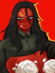 1girls big_breasts black_hair blue_eyes cake countryhumans countryhumans_girl covered_breasts female female_only food_on_body food_on_breasts food_play idkcocco lipstick long_hair red_background red_body red_lipstick red_skin simple_background soviet_union_(countryhumans)