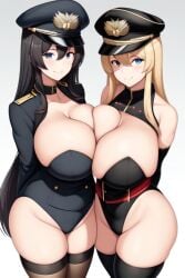 2girls ai_generated arms_behind_back blonde_hair curvy_female female female_only hat huge_ass leotard long_hair looking_at_viewer military_clothing original_characters simple_background smiling stockings thick_thighs