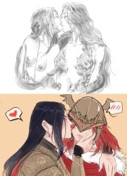 2girls barbozari cleanrot_knight_finlay elden_ring female female_only finlenia fromsoftware heart helmet kissing malenia_blade_of_miquella nude nude_female sketch wholesome yuri