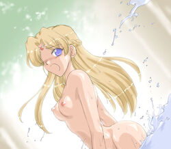 1girls blonde_hair blue_eyes blushing circlet completely_nude kyouno_aki looking_at_viewer medium_breasts nude_female open_mouth riboonzunaitsu saphira_(tear_ring_saga) splashing surprised tear_ring_saga tear_ring_saga:_berwick_saga water