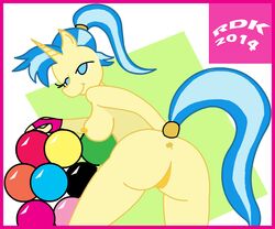 allie_way anthro anus ass blue_eyes blue_hair bowling_ball breasts equine gloves horn large_ass mammal my_little_pony nipples nude pink_border ponytail presenting pussy reddragonkan tail text tied_hair unicorn yellow_fur