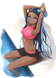 1girls arms_above_head bare_arms bare_legs bare_midriff bare_shoulders black_hair blue_eyes blue_hair bracelet breasts chaesu dark-skinned_female dark_skin earrings game_freak hoop_earrings large_breasts legs_in_water long_hair looking_at_viewer midriff multicolored_hair navel nessa_(pokemon) nintendo pokemon pokemon_ss sitting swimsuit tagme two_tone_hair water wet