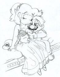 bra breasts clothes female hat hope(n_forever) human male mario mario_(series) monochrome nintendo princess_peach sitting straight tagme