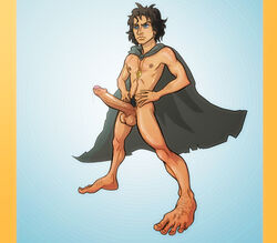 1boy anma barefoot blue_background blue_eyes erection feet frodo_baggins frown hands_on_hips large_balls legs_apart long_penis lord_of_the_rings male male_nipples male_only naked_cape precum_drip pubic_hair ring solo standing tagme uncut