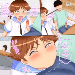 :>= ahe_gao akatsuki_giken blowjob blowjob_face blowjob_under_table classroom comic english_text excited femboy gay hard_translated hidden_blowjob mayuru_(akatsuki_giken) oc original original_character schoolboy surprise_blowjob text tomgirl tongue_out translated tsundere yaoi