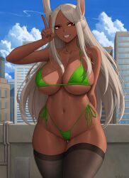 1girls bikini breasts brown_skin bunny_ears dark-skinned_female dark_skin female green_bikini hips huge_breasts long_hair miruko my_hero_academia rabbit_ears red_eyes rumi_usagiyama smile thick_thighs thighs white_hair wide_hips zaphn