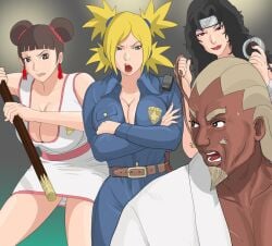 1boy 3girls bare_arms bare_legs bare_shoulders bare_thighs beard belt big_breasts black_hair blonde_hair boruto:_naruto_next_generations brown_eyes brown_hair busty cleavage clothed clothing cornrows dark-skinned_male dark_skin dress ear_piercing earrings eyelashes eyeliner eyeshadow facial_hair forehead_protector fully_clothed green_eyes group hair_buns hair_ribbon hand_cuffs handcuffs headband hi_res high_resolution highres interracial jewelry konohagakure_symbol kurenai_yuhi large_breasts light-skinned_female light_skin lipstick looking_at_another looking_back makeup mature mature_female milf moustache multiple_girls nail_polish narrowed_eyes naruto naruto_(classic) naruto_(series) naruto_shippuden netorare ntr open_mouth painted_nails pale-skinned_female pale_skin pink_lips pink_lipstick pink_nail_polish pink_nails police police_officer police_uniform policewoman raikage raikage_art red_eyes red_lips red_lipstick red_nail_polish red_nails ribbon ribbons roleplay rope short_dress shounen_jump skimpy skimpy_clothes skimpy_dress spiky_hair temari tenten tied_hair twintails uniform wavy_hair yellow_hair