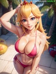 1girls ai_generated big_eyes bikini blonde_hair blue_eyes breasts cleavage crown earrings female female_only hi_res illumination_entertainment large_breasts light-skinned_female light_skin long_hair looking_at_viewer mario_(series) navel nintendo outdoors panda-ai panda_ai pink_bikini princess_peach smile solo stable_diffusion standing super_mario_bros._(2023_film) swimsuit thighs voluptuous