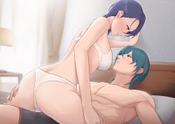 1boy 1girls absurdres ass back bare_back bare_thighs bed blue_eyes blue_hair boxers bra breasts byleth_(fire_emblem) byleth_(fire_emblem)_(male) byleth_(male)_(fire_emblem) female fire_emblem fire_emblem:_three_houses furo_atsushi highres indoors large_ass looking_at_another male male_underwear medium_breasts muscular muscular_male nintendo on_bed panties purple_eyes shamir_nevrand short_hair sweat teal_hair thighs underwear white_bra white_panties