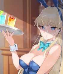 1boy after_fellatio animal_ears aqua_bow aqua_bowtie blonde_hair blue_archive blue_bow blue_bowtie blue_eyes blue_leotard blue_nails blurry blurry_background blush bow bowtie breasts bunny_girl bunnysuit cleavage closed_mouth cocktail_glass cum cum_in_mouth cum_on_face cum_on_hair cup detached_collar drink drinking_glass earpiece facial fake_animal_ears female halo holding holding_tray jjanda leotard long_hair looking_at_viewer medium_breasts multicolored_hair official_alternate_costume paid_reward_available playboy_bunny rabbit_ears sidelocks strapless strapless_leotard stray_pubic_hair streaked_hair sweatdrop toki_(blue_archive) toki_(bunny)_(blue_archive) tray upper_body