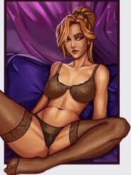 1girls big_breasts blizzard_entertainment blonde_hair freli human human_(world_of_warcraft) iselda_(world_of_warcraft) light-skinned_female light_skin lingerie original_character purple_eyes see-through see-through_clothing solo stockings warcraft world_of_warcraft