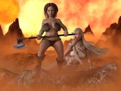 2girls 3d 3d_(artwork) axe big_breasts blonde_hair breasts daz3d daz_3d daz_studio dazstudio dwarf dwarf_female elf elf_ears elf_female fantasy female female_only jordanja red_hair short shortstack