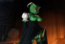 anthro argonian bethesda_softworks blush bottomless bottomwear breasts clothed clothing clothing_lift collar female genitals gloves green_body handwear hi_res legwear lifts-her-tail lusty_argonian_maid maid_uniform nipples no_underwear orange_sclera partially_clothed pussy reptile scales scalie shido-tara skirt skirt_lift skyrim solo stockings the_elder_scrolls uniform yellow_eyes