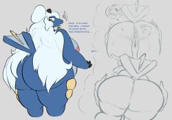 10:7 2023 4_fingers anthro anthrofied anus areola ass back_boob belly bent_over big_areola big_breasts big_butt biped black_ears black_fingers blue_body blue_fur blue_tail blue_text blush blush_lines bodily_fluids breasts brown_nose circle_eyes countershading curvy_figure dialogue digital_drawing_(artwork) digital_media_(artwork) ellipsis english_text expression_cutaway eyelashes female fin fingers fur generation_5_pokemon genitals green_eyes grey_background hair hair_bun heart heart_reaction hi_res huge_butt leaf_in_mouth long_hair looking_at_self looking_back looking_back_at_self mammal marine marine_mammal nintendo nude nude_anthro nude_female open_mouth overweight overweight_anthro overweight_female partially_colored pink_areola pinniped plantedpot pokemon pokemon_(species) pokemorph presenting presenting_hindquarters pupils pussy raised_tail rear_view ria_(plantedpot) samurott simple_background slit_pupils smile solo spread_butt spreading standing straight_hair sweat sweaty_butt tail tail_fin talking_to_self text thick_thighs three-quarter_portrait translucent translucent_hair voluptuous weight_conscious whiskers white_hair white_whiskers wide_hips