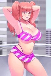 1girls candace_crush female female_only freckles hands_behind_head huge_breasts huniepop huniepop_2 light-skinned_female light_skin miniskirt pink_eyes pink_hair revealing_clothes skimpy_clothes solo thick_thighs thong thong_above_skirt thong_straps twintails wazu-san